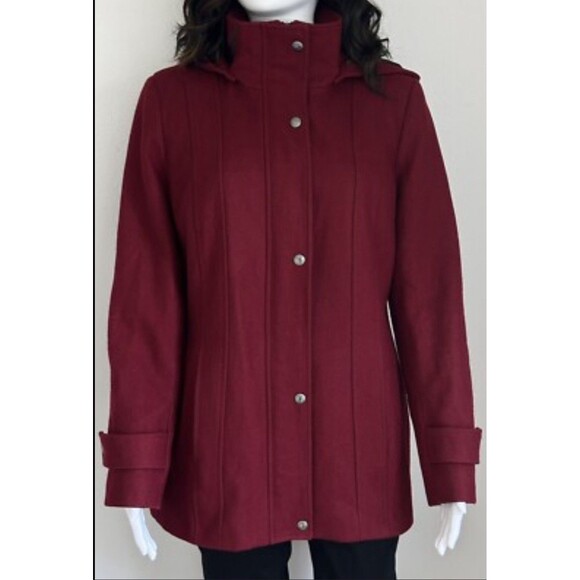 Calvin Klein Coat Peacoat Women Size 6 Red Burgundy Hooded Wool Blend Zip Snap - Picture 1 of 12